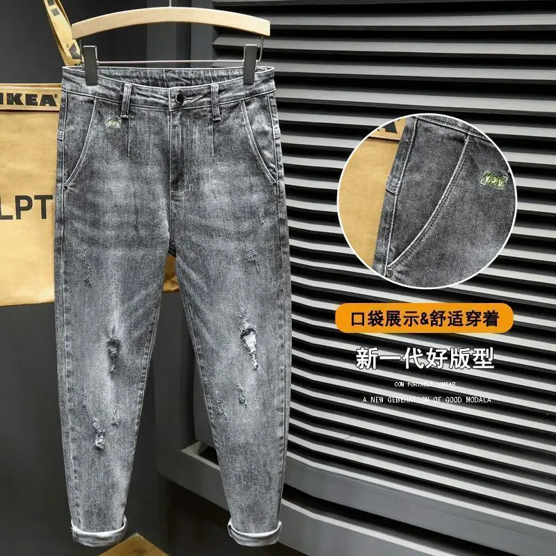 Jean slim décontracté de luxe pour homme, denim, trous, élasticité, sarouel, streetwear petit ami, pantalon cowboy, printemps, automne, 2024