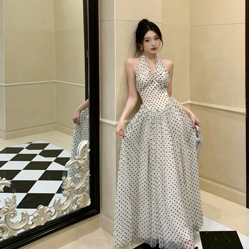 

2026 Summer New plus Size V-Neck Polka Dot Hanging Neck Dress Women Backless Waist-Cinching Holiday Long Dress