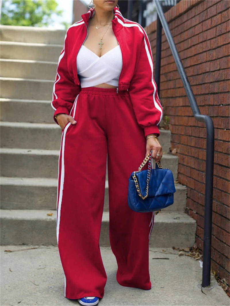 2 Piece Sets Women Outfit Fall Clothes 2024 Women Side Striped Zip Top Wide Leg Pant Sets Casual Tracksuits Set Women Sweat Suit