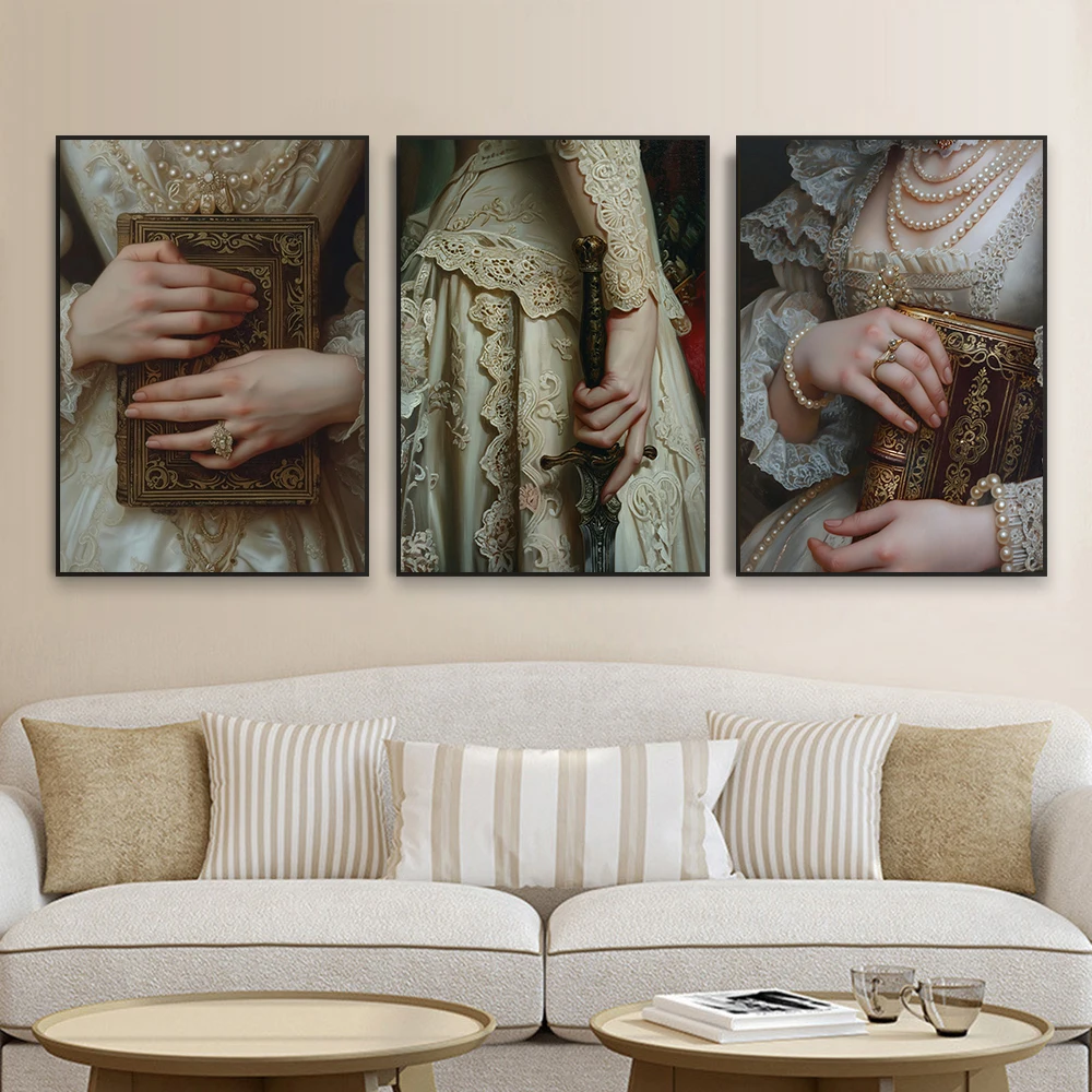 Vintage Victorian Art Poster Altered Woman Wall Art Prints Lace Pearls Moody Dark Antique Art Canvas Painting Home Rooom Decor