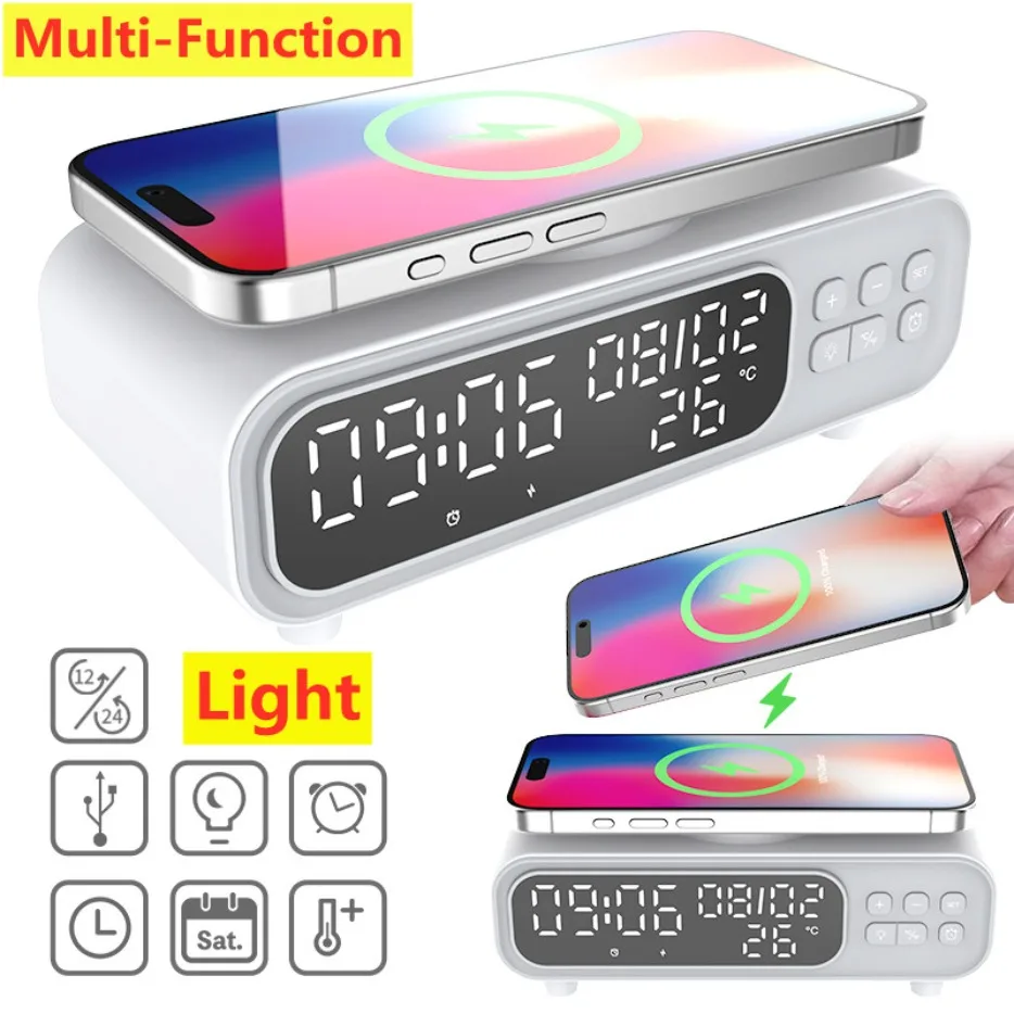 

Wireless Charger Pad Time Alarm Clock LED Night Light Thermometer Phone Earphone Fast Charging Station for iPhone Samsung Xiaomi