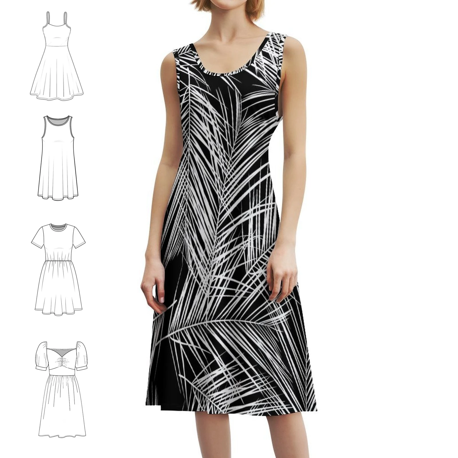 خلفية الصيف الاستوائية المرسومة يدويًا: فستان قصير على طراز Preppy باللون الأسود والأبيض للنساء على شكل حرف A فستان يوم كاجوال فضفاض مناسب #1
