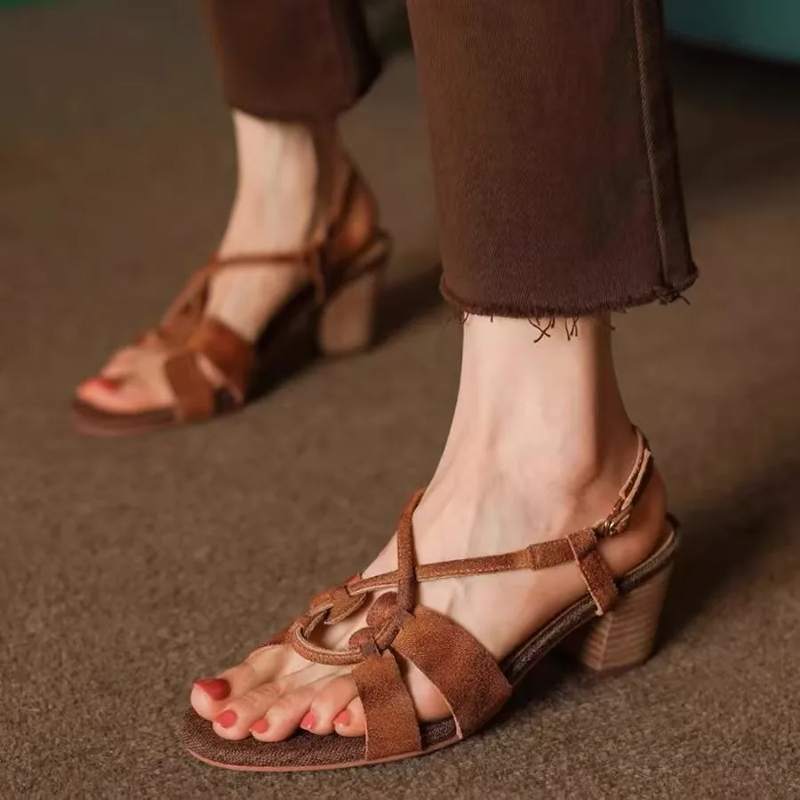 Retro Brown Cross Tied High Heel Sandals Women Sexy Open Toe Back Strap Buckle Gladiator Sandals High-quality Faux Suede Heels