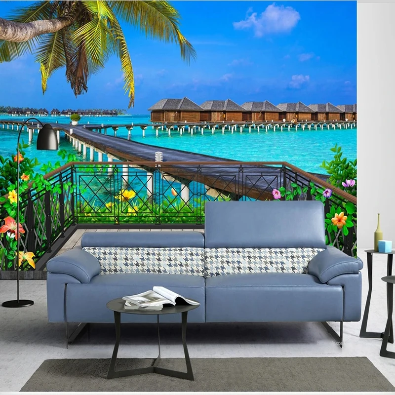 Custom Photo Wallpaper Balcony Wooden Sea View 3D Mural Living Room Sofa TV Restaurant Cafe Background Wall Home Decor 3D Fresco