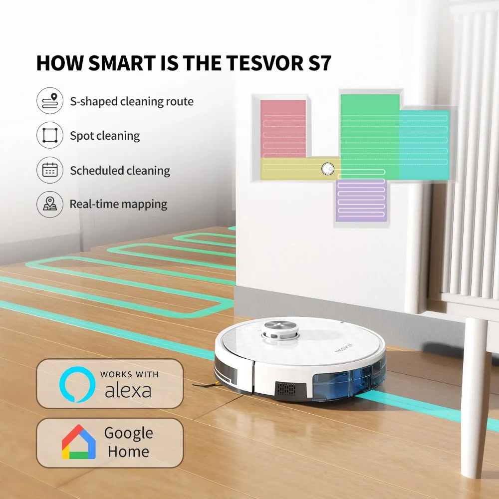 Tevor S7 Pro odkurzacz Robot z funkcją mopa 6000Pa Laser nawigacyjny 600ml kosza na śmieci 180 minut kontrola aplikacji Runtime