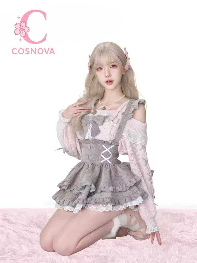 

Женские зимние рождественские комплекты из 3 предметов в стиле Лолиты, женский вязаный свитер + нечеткая плащ + юбка на бретелях, теплые милые японские костюмы