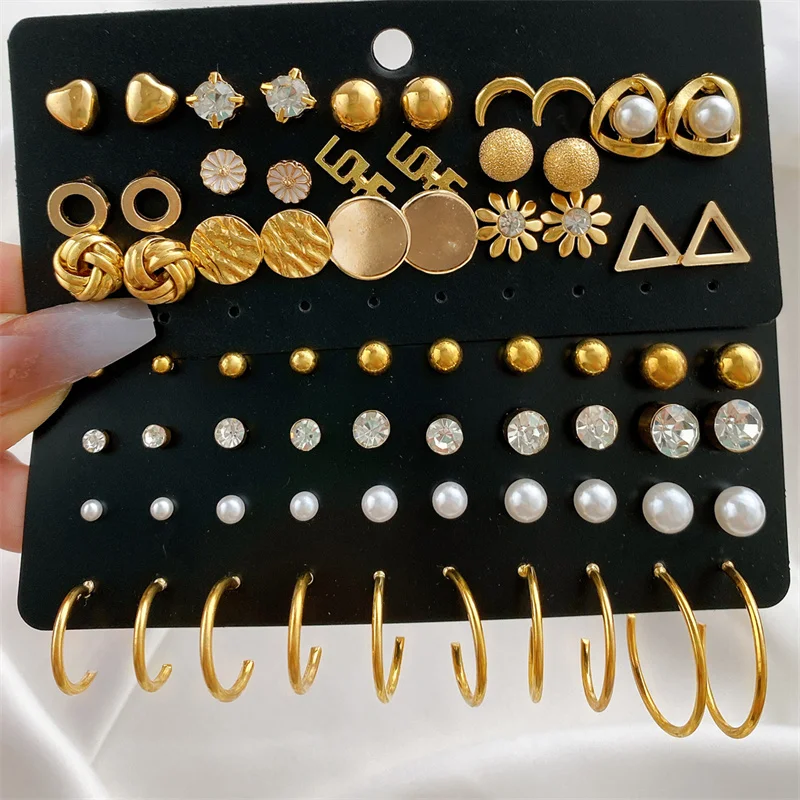Vintage Gold Color Stud Earrings Set Butterfly Heart Flower Yinyang Diamond Pearl Ear Studs For Women Simple Jewelry 2024 Trendy