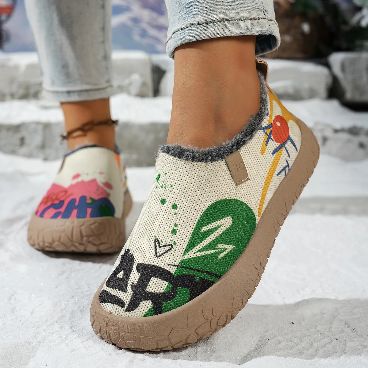 Damen Winter Slip-on Freizeitschuhe Graffiti-Obermaterial Fleece-gefüttert Rutschfeste Dicke Sohle Warme Outdoor-Wanderschuhe – Detail 3