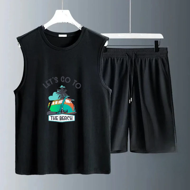 

2025 Summer Casual Men's Green bus graffiti print Sets Sleeveless Daily Wear Comfortable Outfit for Men luxury men's clothing
