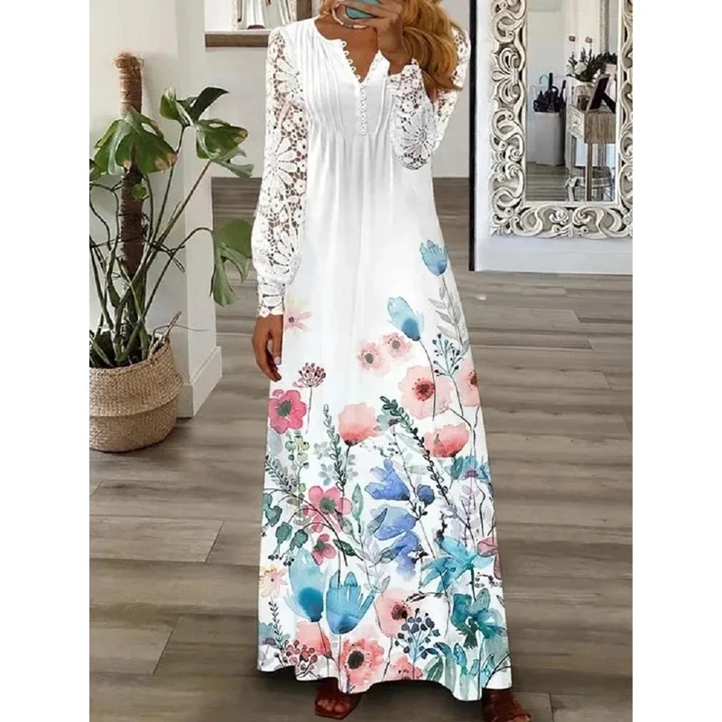 Imagem -05 - Vestido Maxi Estampado Floral Feminino Sexy com Gola v Patchwork com Renda Elegante Vestidos de Festa Moda Outono Roupões de Manga Longa Soltos