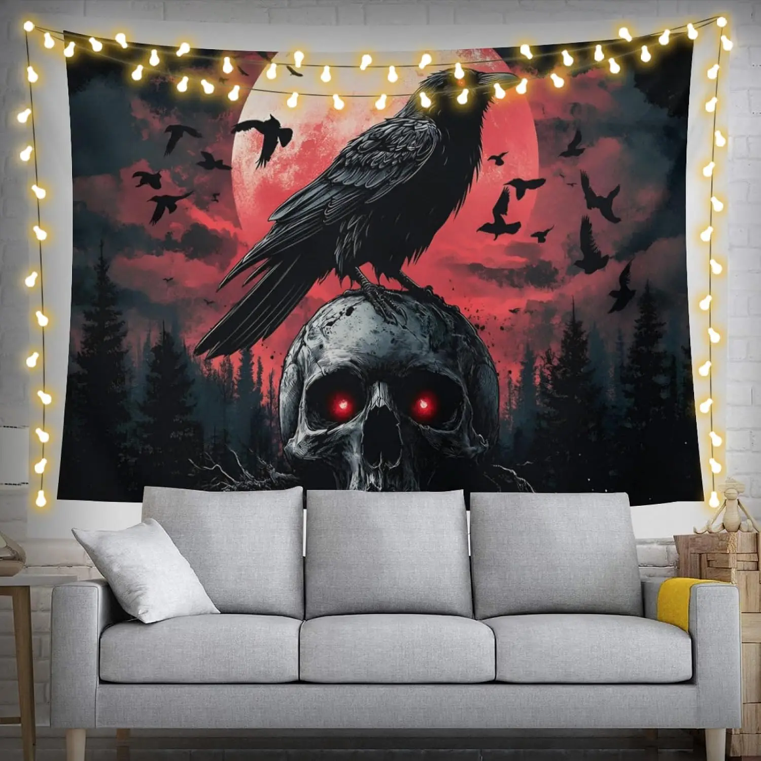 Gothic Crow Skull Moon Wall Tapestry Decor Art Hanging Print Dark Fantasy Halloween Horror Poster Bedroom Living Room Curtain Ba