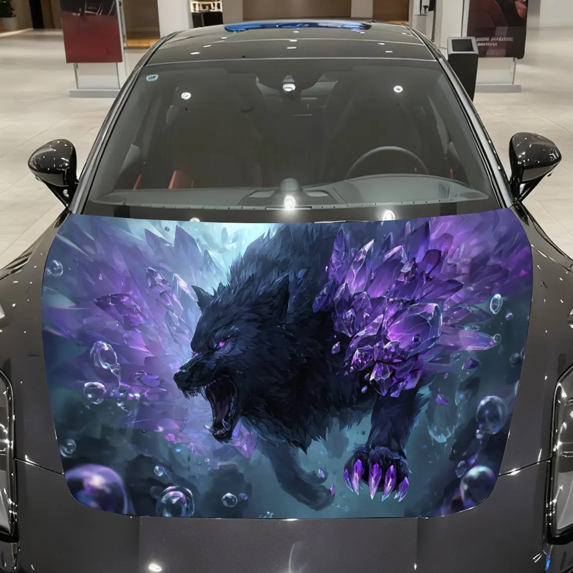 

Amethyst Black Wolf Car Vinyl Wrap, PVC Material Waterproof Car Hood Sticker, Self-Adhesive Scratch-Resistant Stickers for Engin