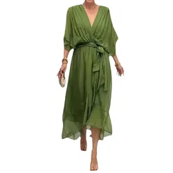 Women's Elegant Solid Chiffon Lace-up Bat Sleeve Long Dresses 2025 Spring Summer New Female Loose Casual Irregular V-neck Dress
