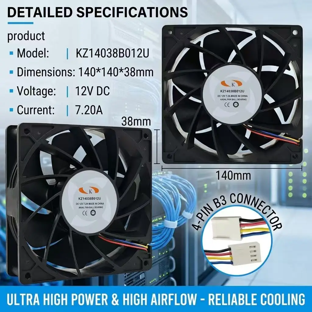 For KZ14038B012U DC 12V 7.2A 14038 140x140x38mm 4Pin B3 PWM Dual Ball Bearing Violent Server Inverter Chassis Case Cooler Fans