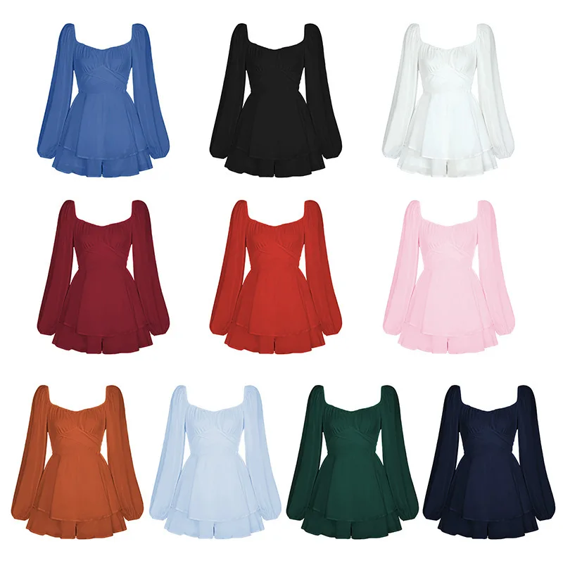 Women S Solid Color Jumpsuit Casual Autumn Outfit Square Neck Lantern Sleeve Ruffle Hem Shorts Romper Stylish And Comfortable