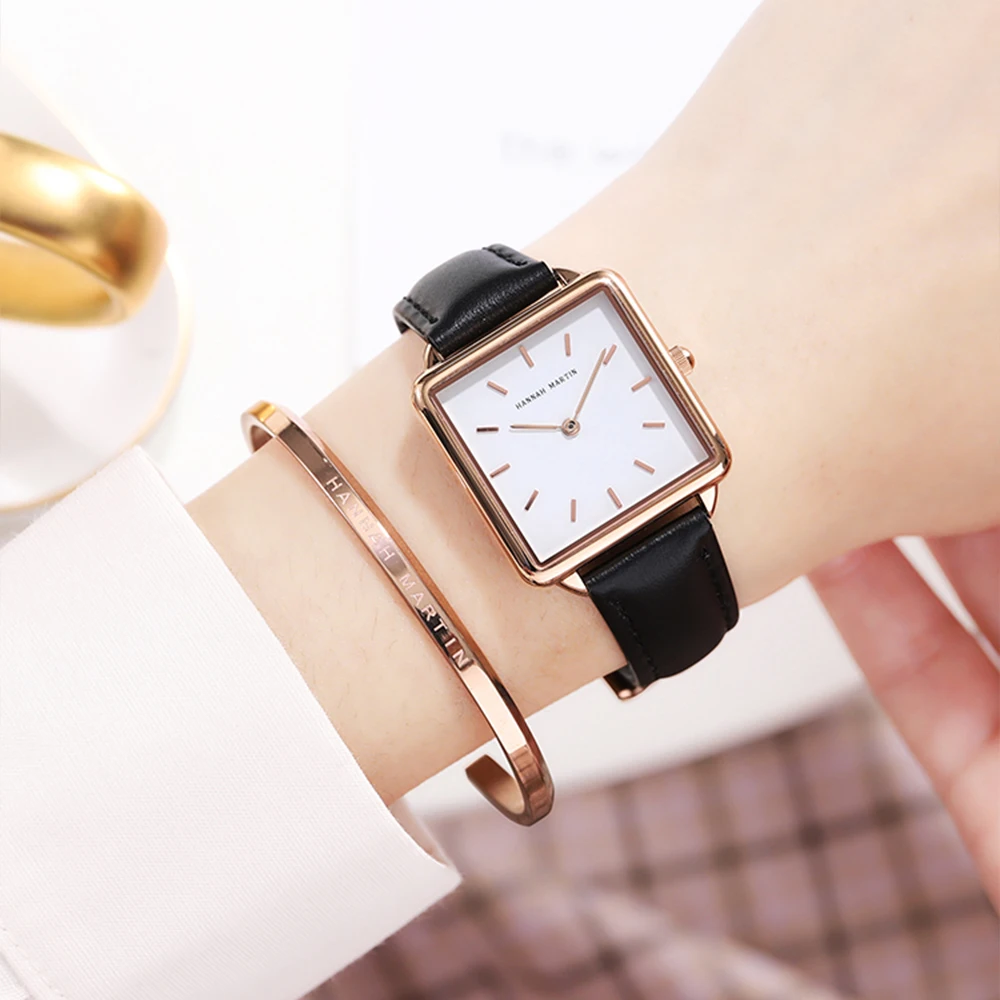 Hannah Martin Simple Leather Watch For Women Japanese Movement Quartz Wristwatch Fashion Casual All-Match Clock Black Gift Box