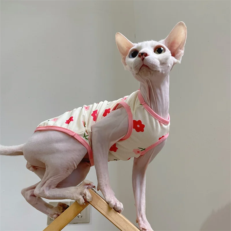 High Stretch Soft Cooling Outfit for Sphynx Cat Cartoon T-Shirt for Kittens Summer Green Dinosaur Pink Flower Vest for Devon Rex