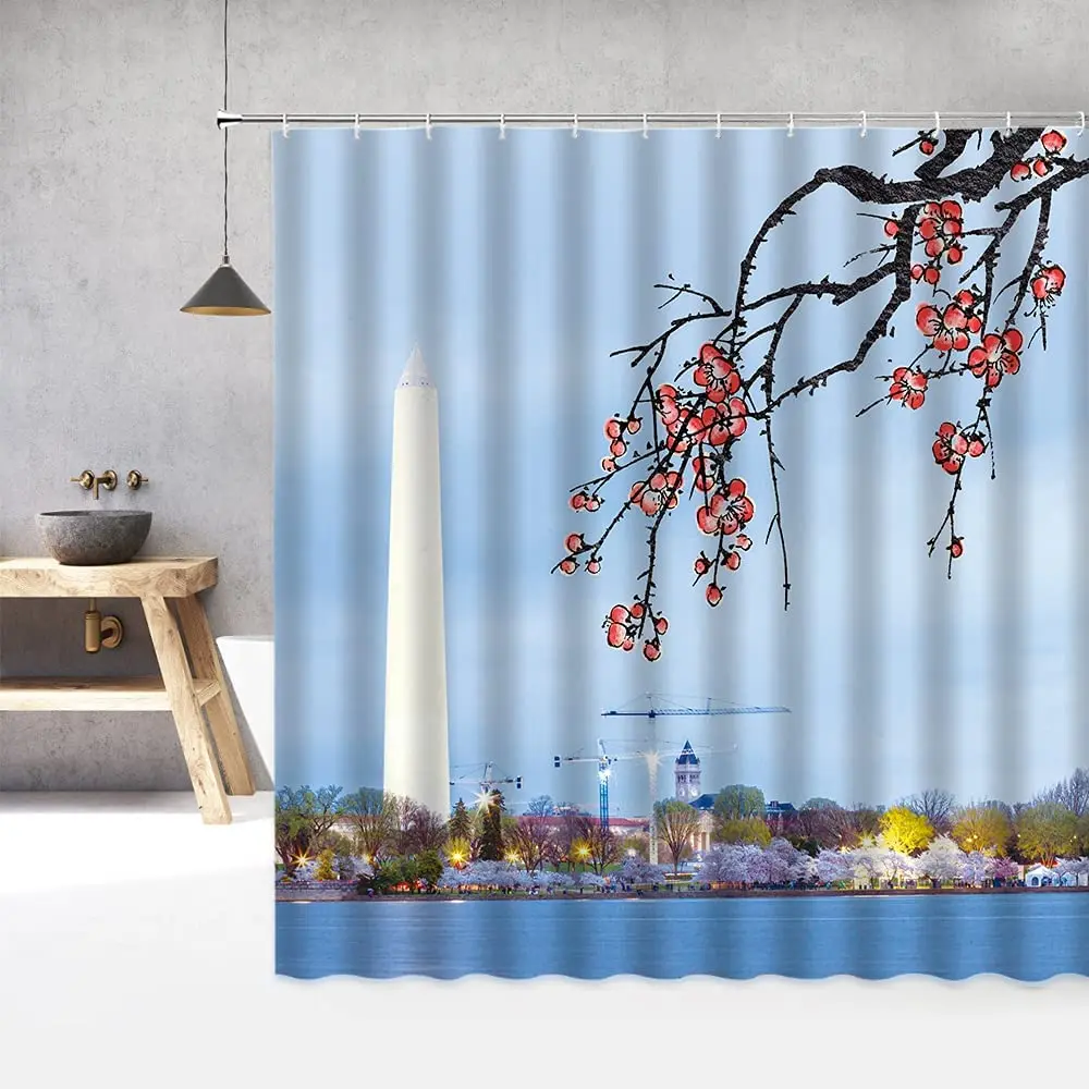 

Watercolor Plum Blossom Blossom Shower Curtain Cherry Flower Theme Architectural Art Fabric Bath Curtains Bathroom Decor Screens