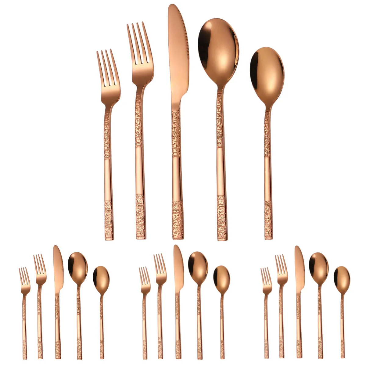 

A · HOUSEWARE Rose Gold Silverware Set for 4 Stone Pattern Handle Stainless Steel Flatware Unique Textured Design Eating Utensil