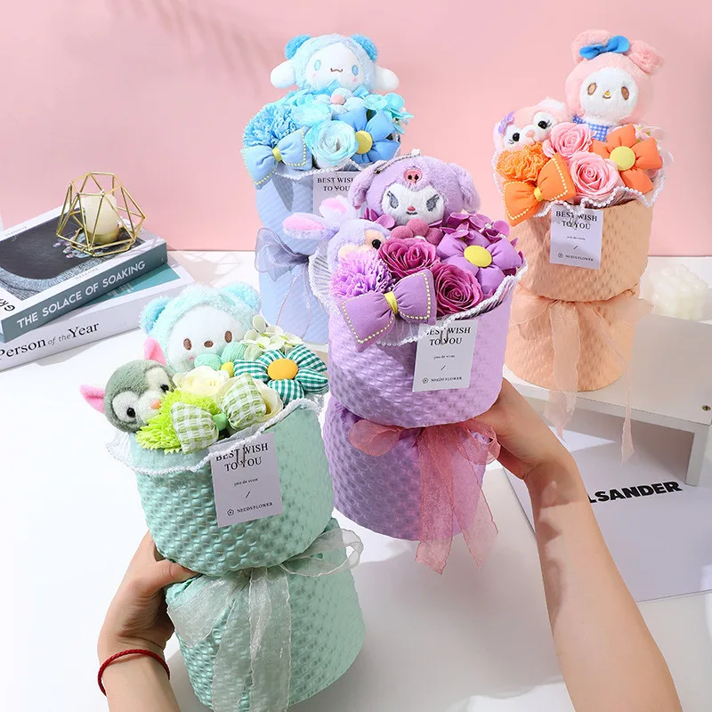 

Sanrio Kuromi Pochacco Pom Pom Purin Cinnamoroll Kawaii Plush Doll Bouquet Flowers Cartoon Anime Teachers' Day Birthday Gift