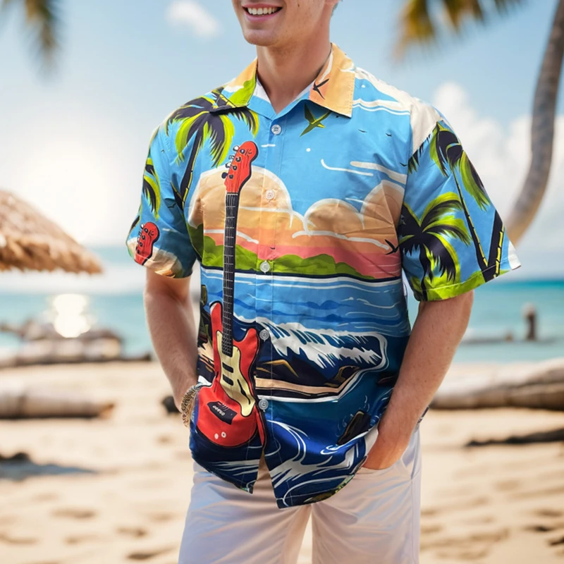 

Summer Fashion Shirt Men's Casual Beach Coconut Tree Printed Short Sleeve Shirt Hawaii Vacation Travel Clothing Men's T-Shirt