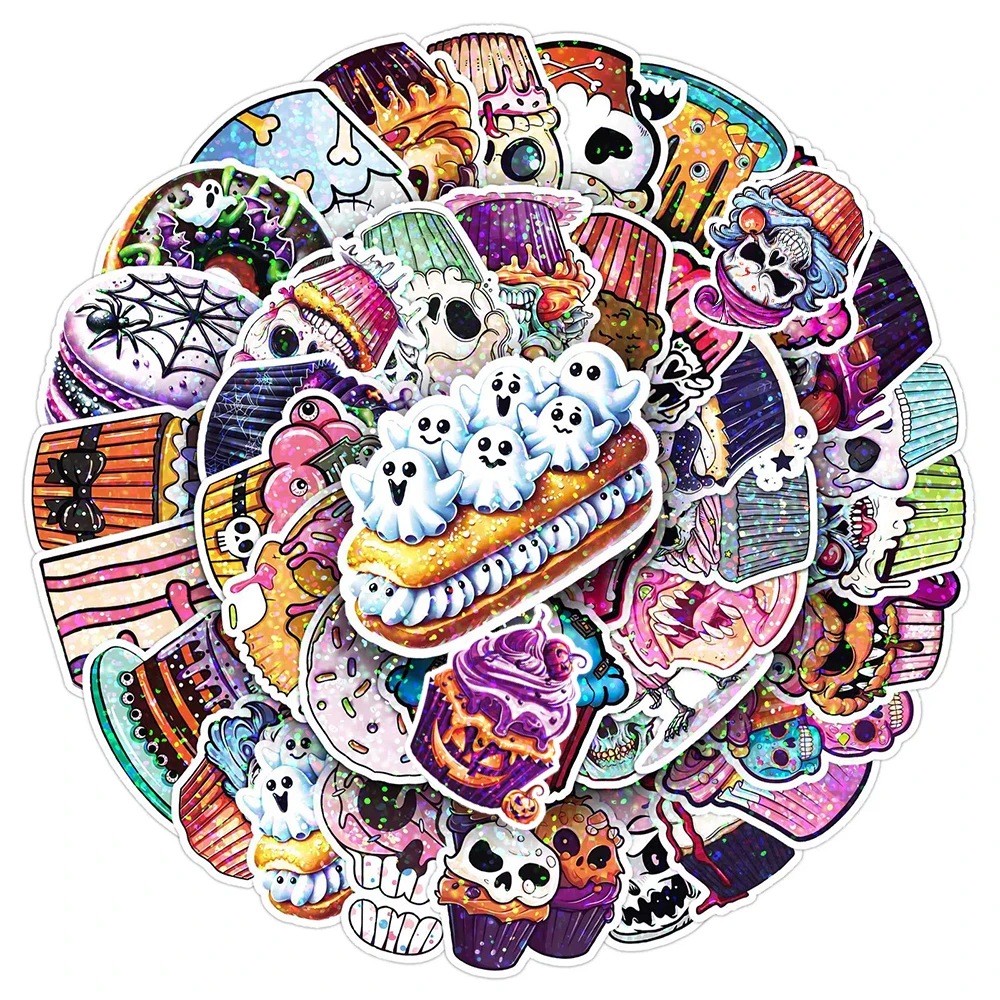 

10/30/50pcs Cute Creative Skull Cake Stickers Cartoon Halloween Laser Decals Decoration DIY Suitcase Scrapbook Phone Sticker Toy
