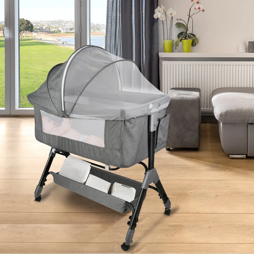 Cuna para bebé de hasta 9 kg, Baby Cododo, ajuste de altura 4 niveles, inclinación, 4 ruedas con frenos, ergonómica, gris/negro/azul/beige