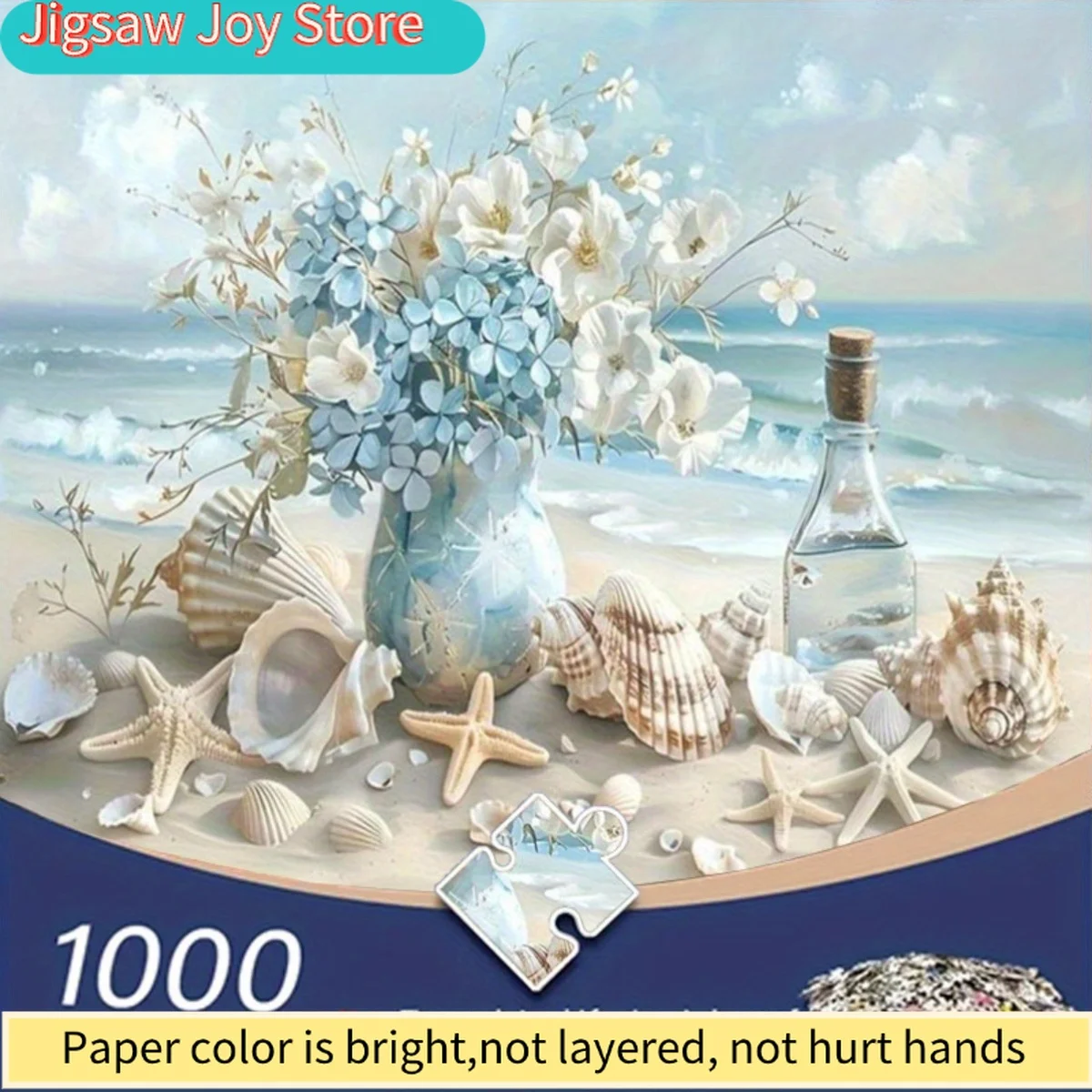 

A 1000pcs Puzzle Featuring a Beach Scene with Seashells, Starfish, Blue And White Flowers, And a Message Bottle. This Large, F