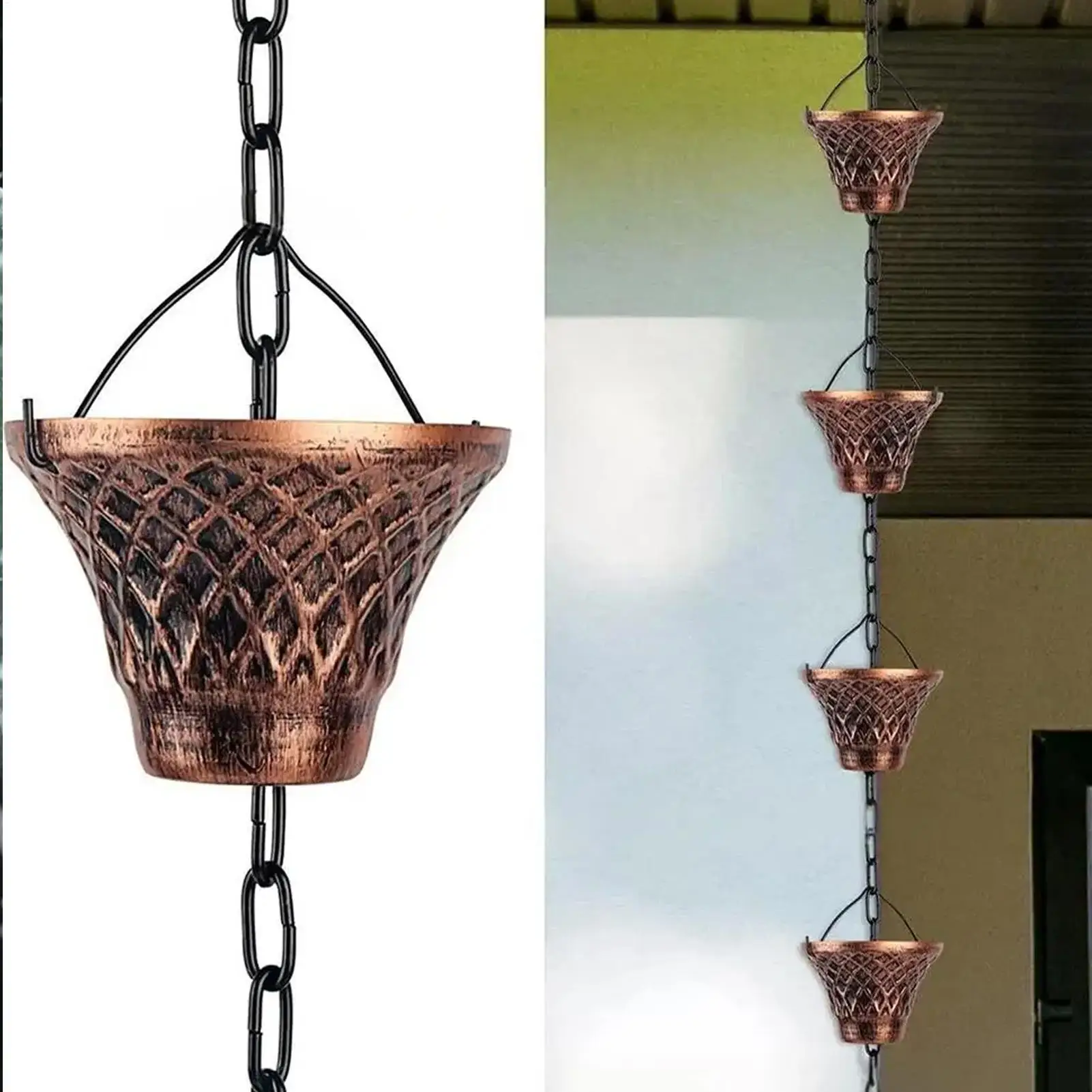 Rain Chains 9FT Decorative Downspout Drain Extension 12 Cups Rain Gutter Chains For House Garden Outdoor Gazebo Roof Canopy