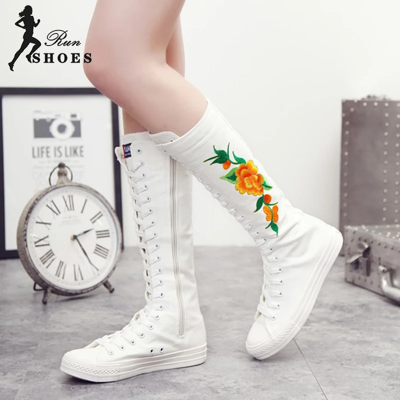 Girl Cheerleaders Dance Shoes Leisure Knee-High Long Equestrian Women Boots Cross-tied Embroider Zip Lace-up Canvas Sports Shoes