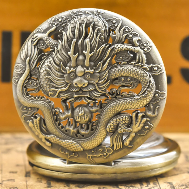 빈티지 청동 Steampunk 동양 드래곤 조각 된 석영 주머니 시계 목걸이 펜던트 시계 체인 남성 여성 체인 선물