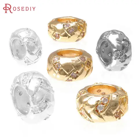 6PCS 18K 골드 컬러 황동 및 지르콘 대형 구멍 라운드 스페이서 비즈 팔찌 비즈 고품질 DIY 쥬얼리 액세서리 제작