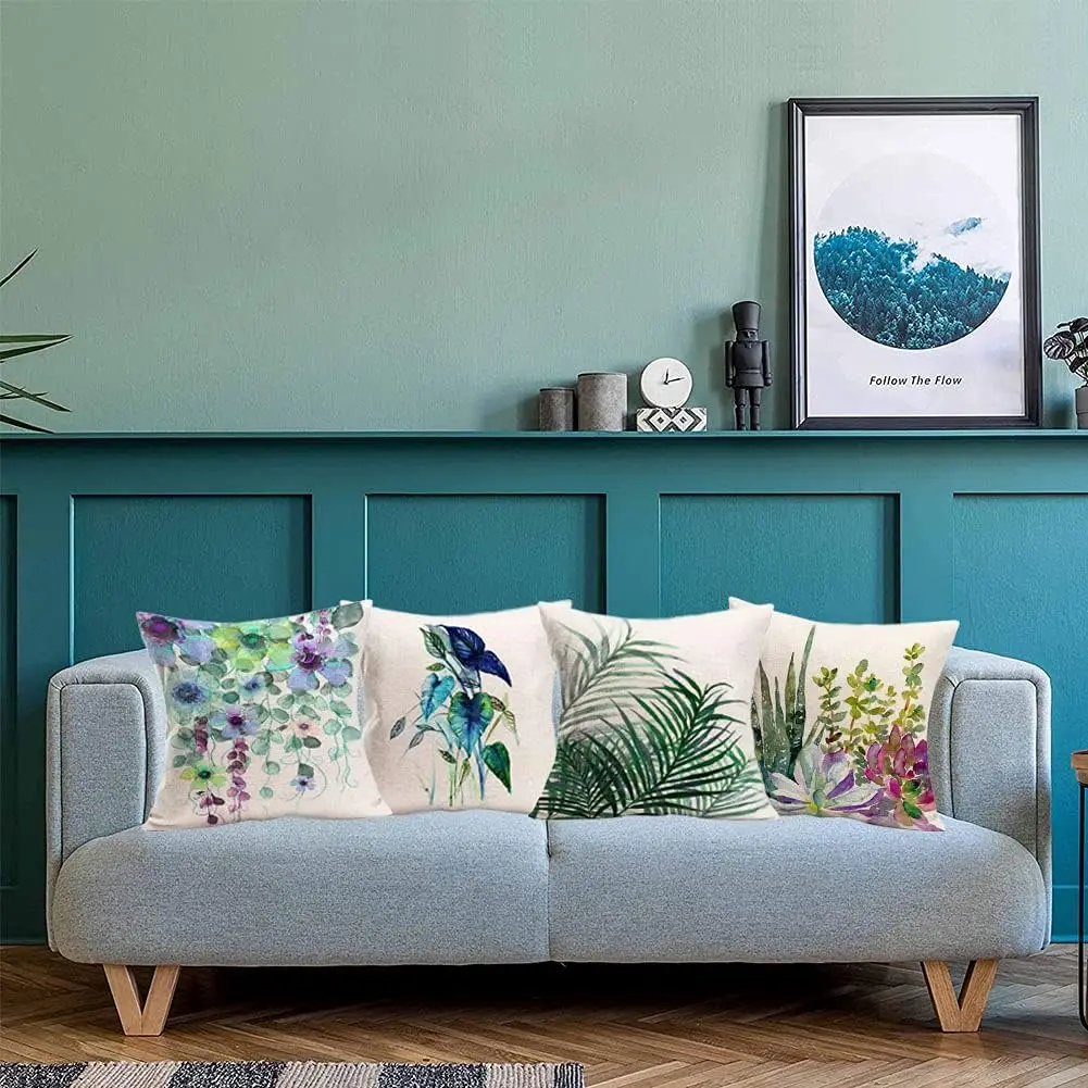 Funda de almohada cuadrada de lino، cubierta de cojín de planta verde، decoración para el hogar، sofá cama al aire libre #3