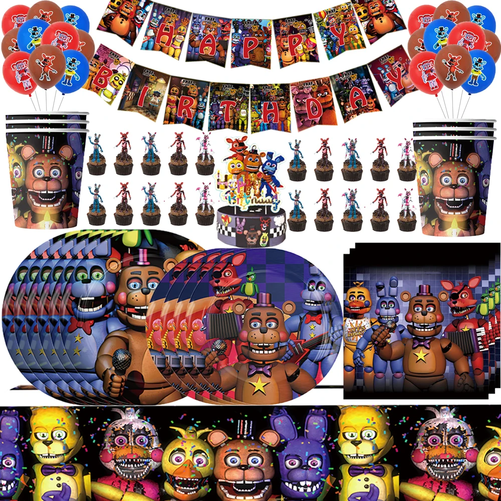 

FNAF пять ночей, украшения для вечеринки в честь Дня Рождения, одноразовая посуда, дизайнерский баннер для детей, детские принадлежности для душа