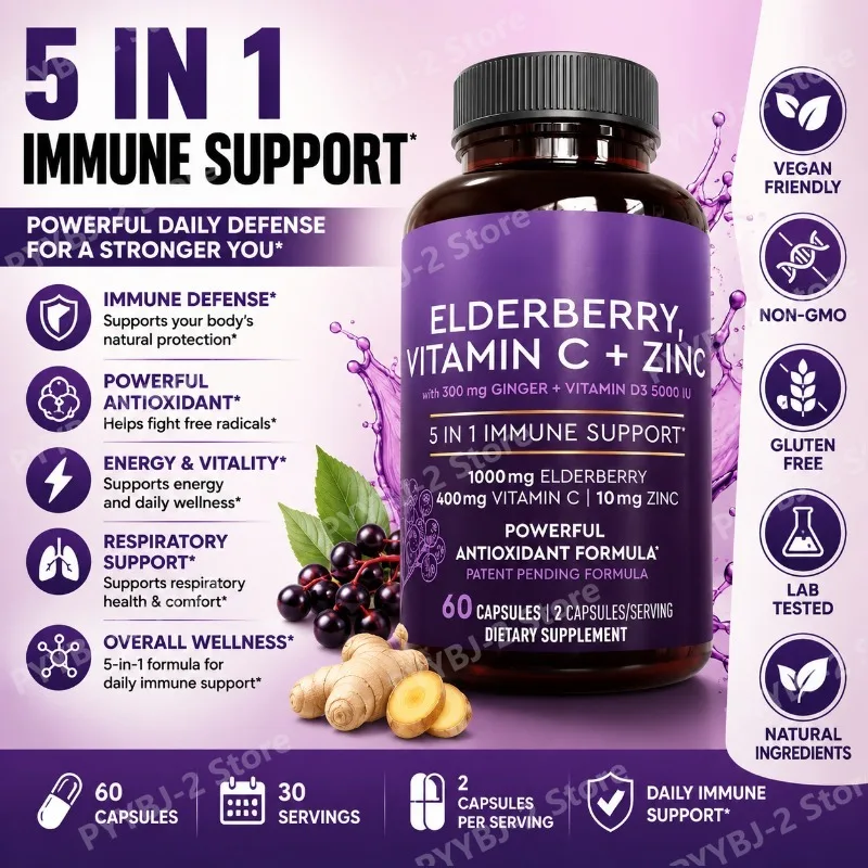 

Elderberry Capsules 60 Count — 1000mg Elderberry Fruit Extract and Ginger,Zinc Help Immune System Heath & Antioxidant Support