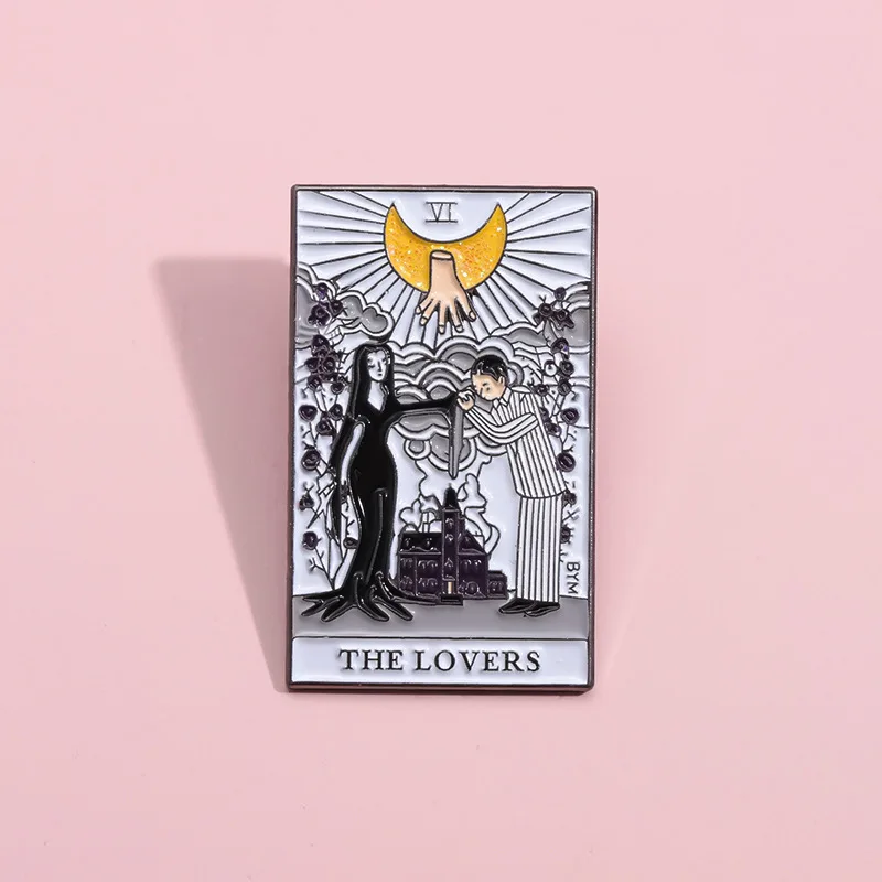 Comedy Badge Pins Brooch Creative Tarot Card THE LOVERS Anime Gomez And Morticia Addams Enamel Brooches Jewelry Gift Accessories image 5