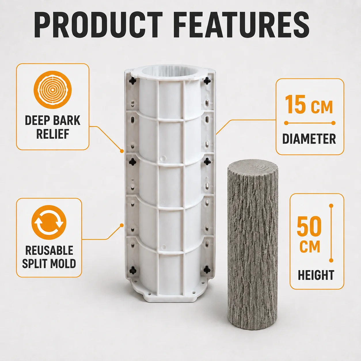 15x50cm Concrete Molds & Cement Molds, Realistic Bark Log Post Mold for Garden Edging Border, Reusable DIY Concrete Mold