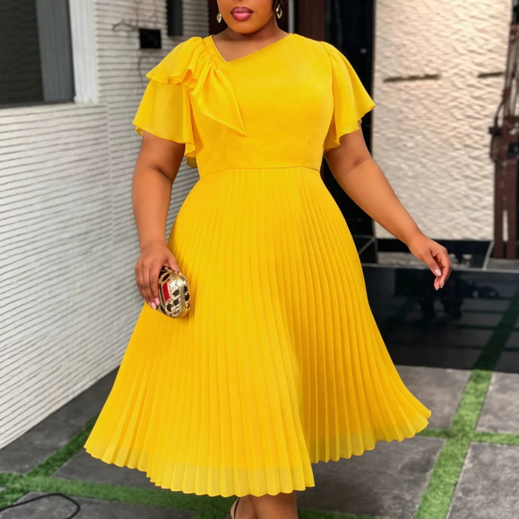 African Women A Line Causal Dress Asymmetrical Neck Ruffle Short Sleeves Chiffon Pleated Hem Wedding Guest Church Party Outfits