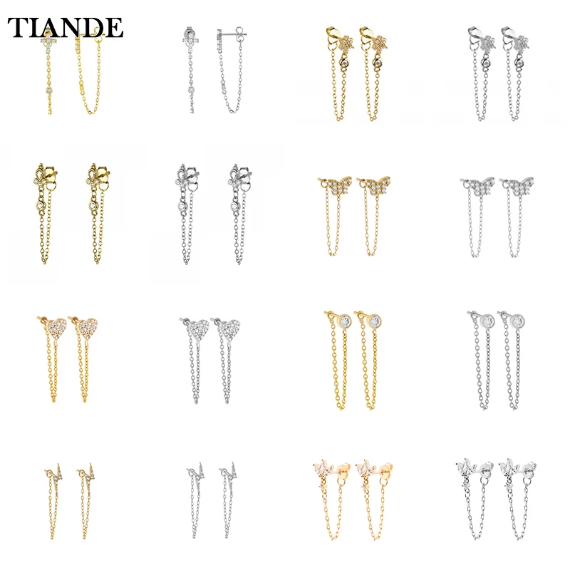 TIANDE  Silver Color Gold Plated Chain Stud Earrings for Women Zircon Piercing Huggie Earrings 2022 Fashion Jewelry Wholesale