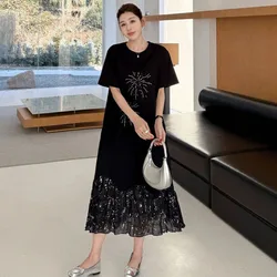 Women's Spring Summer Patchwork T-Shirt Dress Short Sleeve Black Lady Vestidos Robe Clothing for 2025 KE500