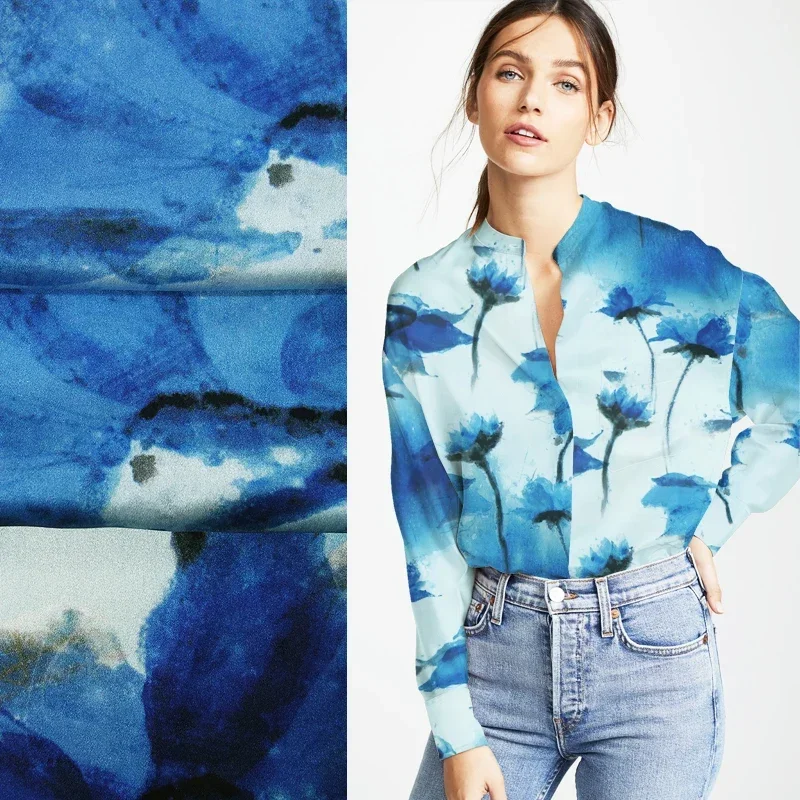 

118 см, ширина 19 мм, синяя эластичная гладкая шелковая атласная ткань с цветочным принтом, подходит для шитья своими руками, летнего платья, юбки, рубашки, брюк JH024