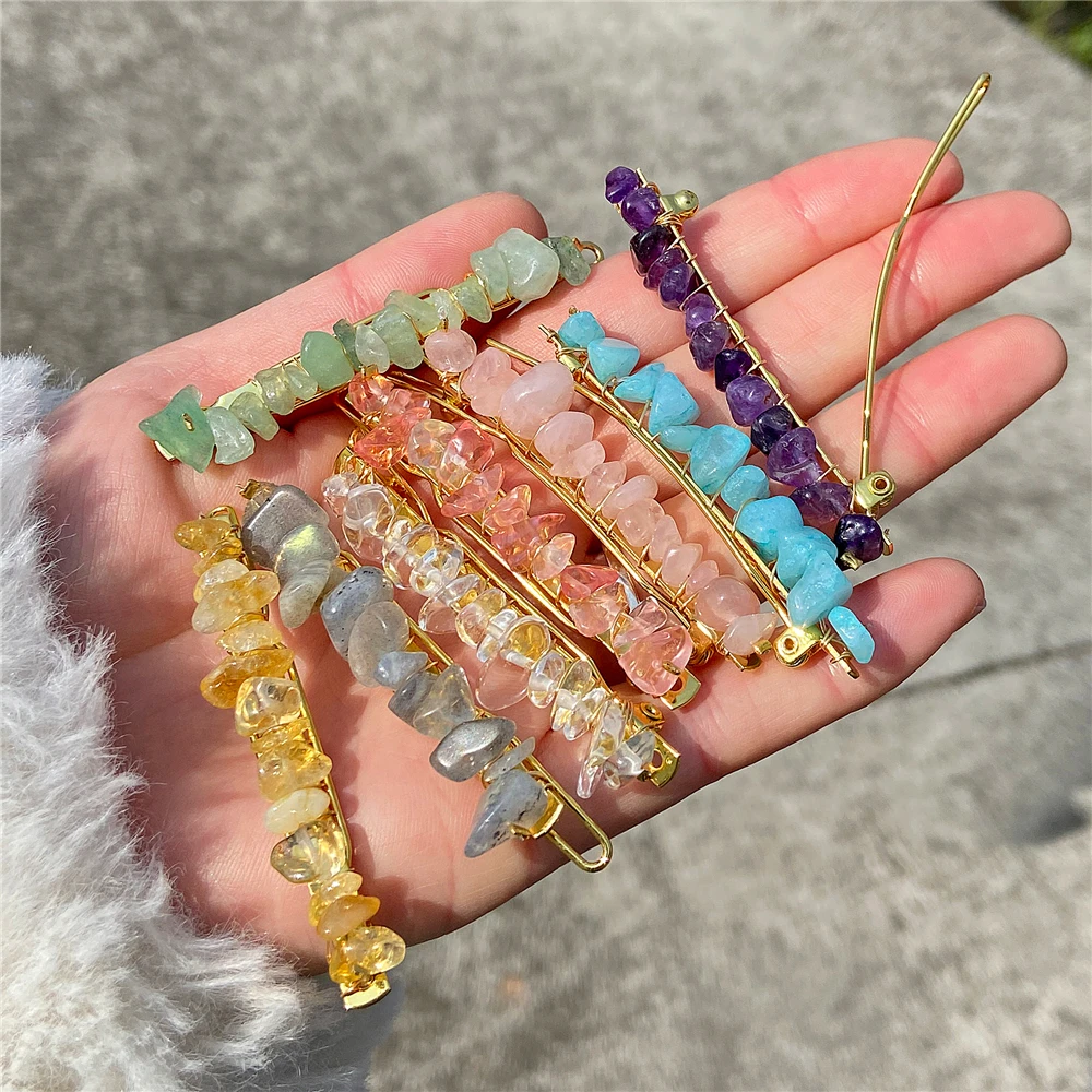 Healing Crystal Hair Clip Women Natural Chip Stone Hairpins Quartz Beaded Hairpins Stone Barrettes Headdress Hair Accessories