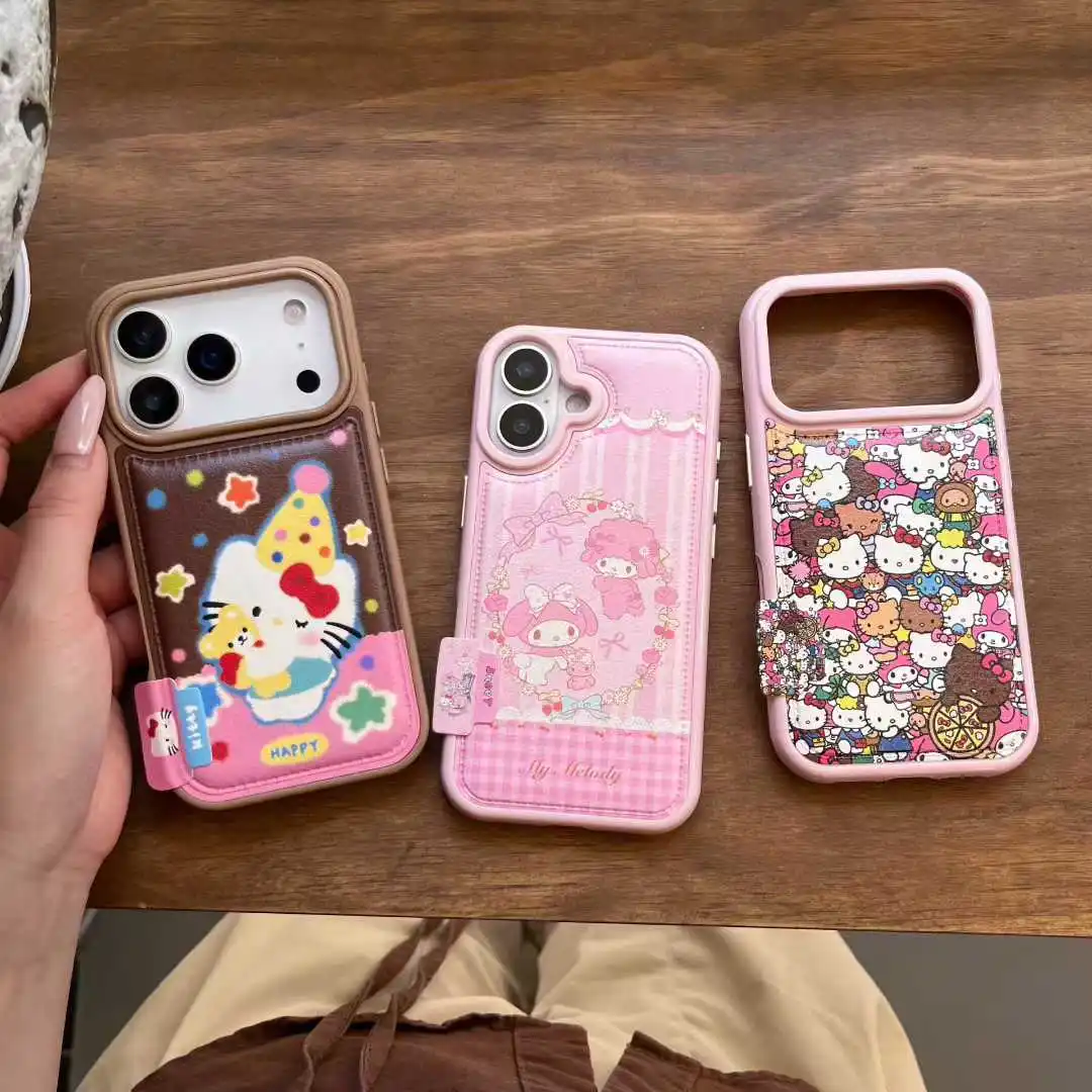 

Cartoon Cat Hello Kitty My Melody Leather label Phone Case For iPhone 17 16 15 14 Pro Max Plus 16E Shockproof Soft Cover
