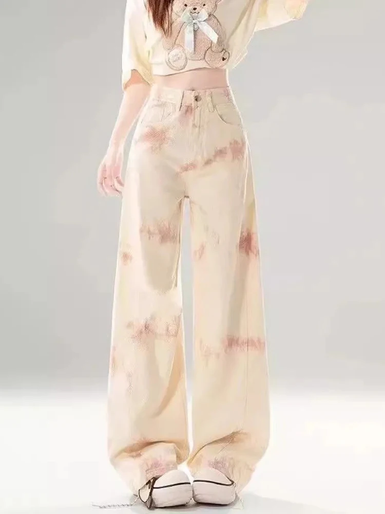 

Zoki Retro Women Tie Dye Jeans Y2K High Waist Loose Streetwear Denim Pants Vintage Harajuku American Hip Hop Loose Trousers New