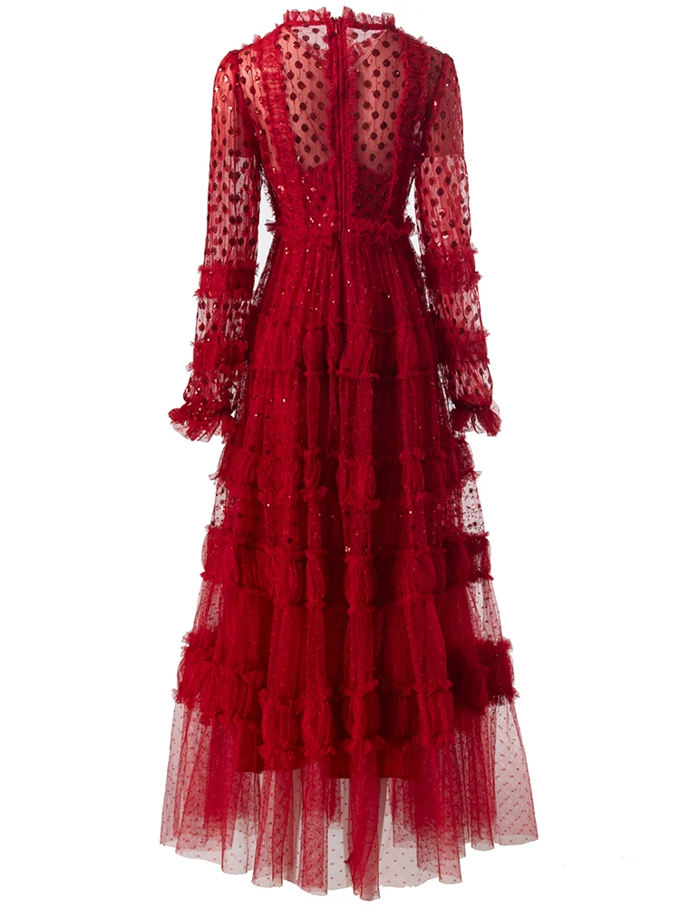 Seasixiang Fashion Designer Summer Mesh Sequins Dress Women's O-Neck Lantern Sleeve Ruffles Red Vintage Long Dresses