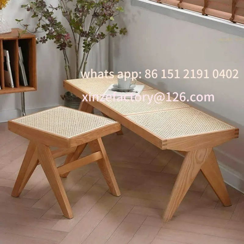 مقعد تغيير الأحذية المنزلية القابل للتخصيص لغرفة المعيشة وغرفة الطعام وكرسي مقعد من الخشب الصلب وشريط طويل من الخيزران مقعد عتيق لثلاثة أشخاص #1