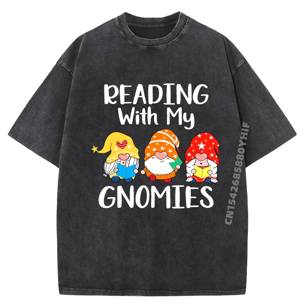 

Funny Books Lover Reading With My Gnomies Streetwear Men Classic Washed Tshirts Men Oversized Printed Clothes