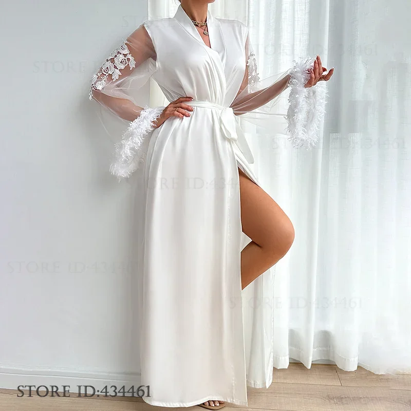 

Feather Long Kimono Bathrobe Gown Boudoir Wedding Maxi Dressing Gown Robes Bride Party Stain Silk Lingerie Negligee Home Wear