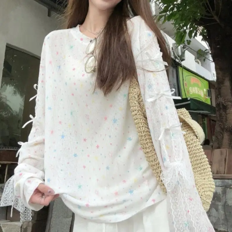 Fashionable Women's Long Sleeved Sunscreen Clothes for Spring and Summer New Bow Lace T-Shirt Thin Printed Tops Cute and Sweet