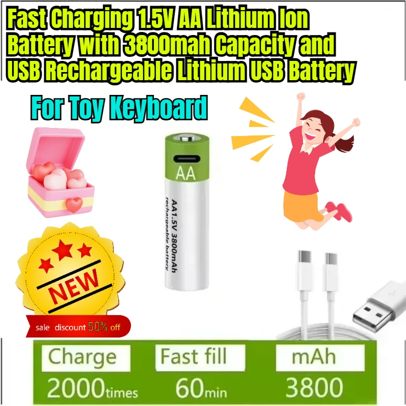 

Fast Charging 1.5V AA Lithium Ion Battery with 3800mah Capacity and USB Rechargeable Lithium USB Battery for Toy Keyboard